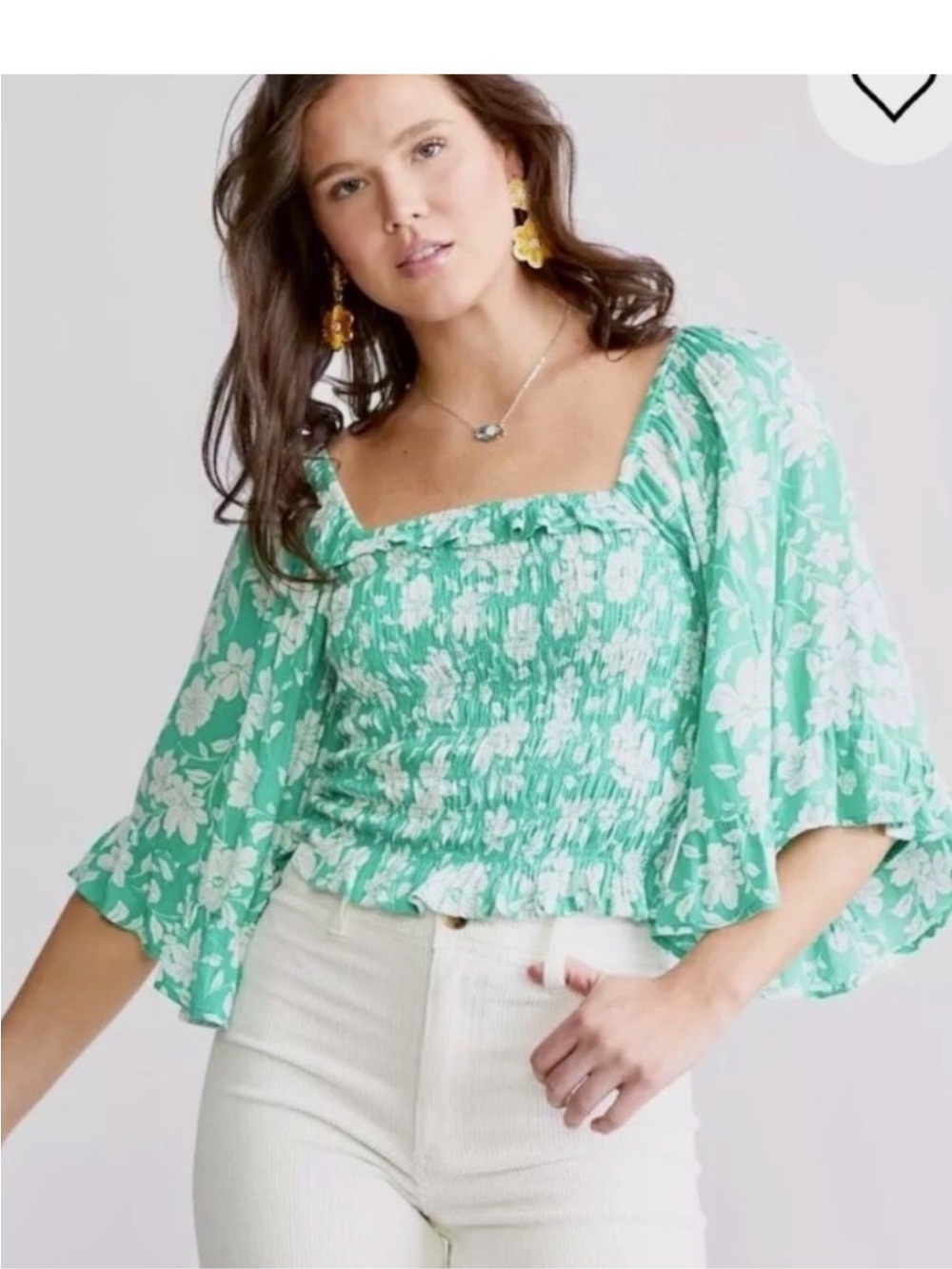 Billabong Be My Baby Smocked Square-Neck Floral Top in Mint Green- Size Medium